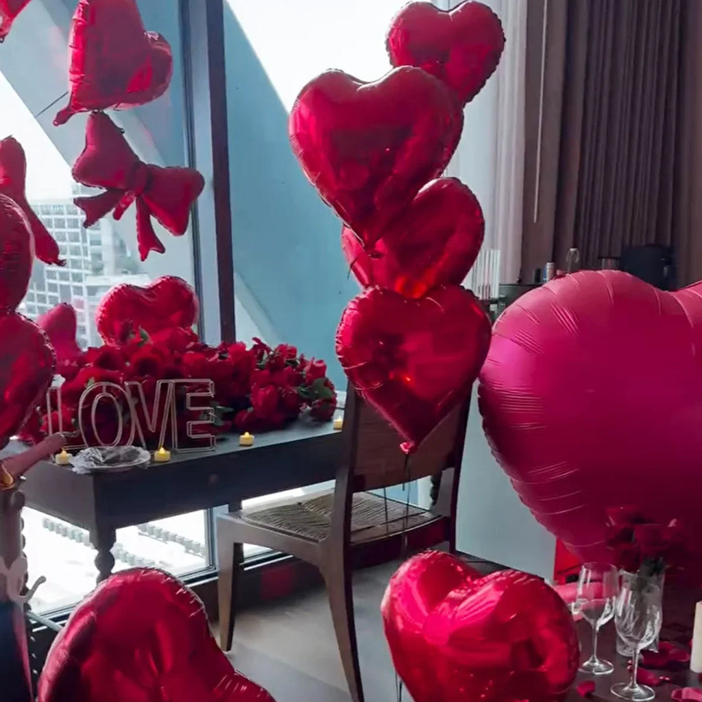 Red Heart Balloon Bouquet Set with Bow – Birthday & Valentine's Decor
