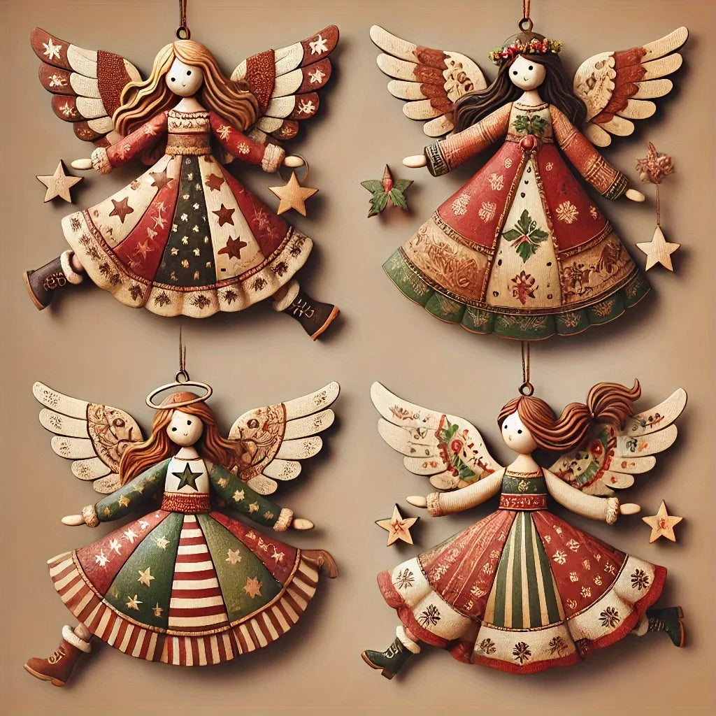 Vintage Wooden Angel Hanging Ornaments (4 pcs)