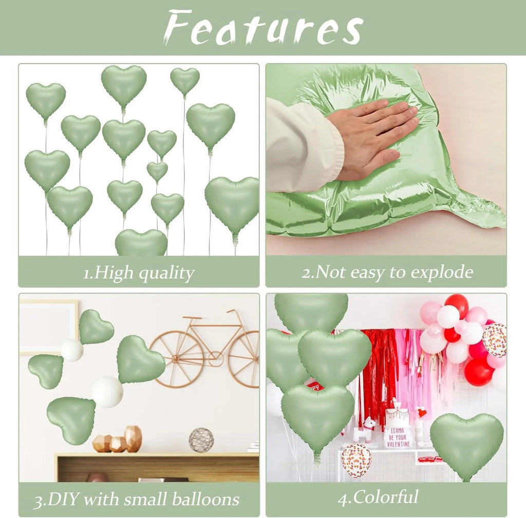 Heart Foil Balloons 18" (10 pcs) – Pink & Sage Green