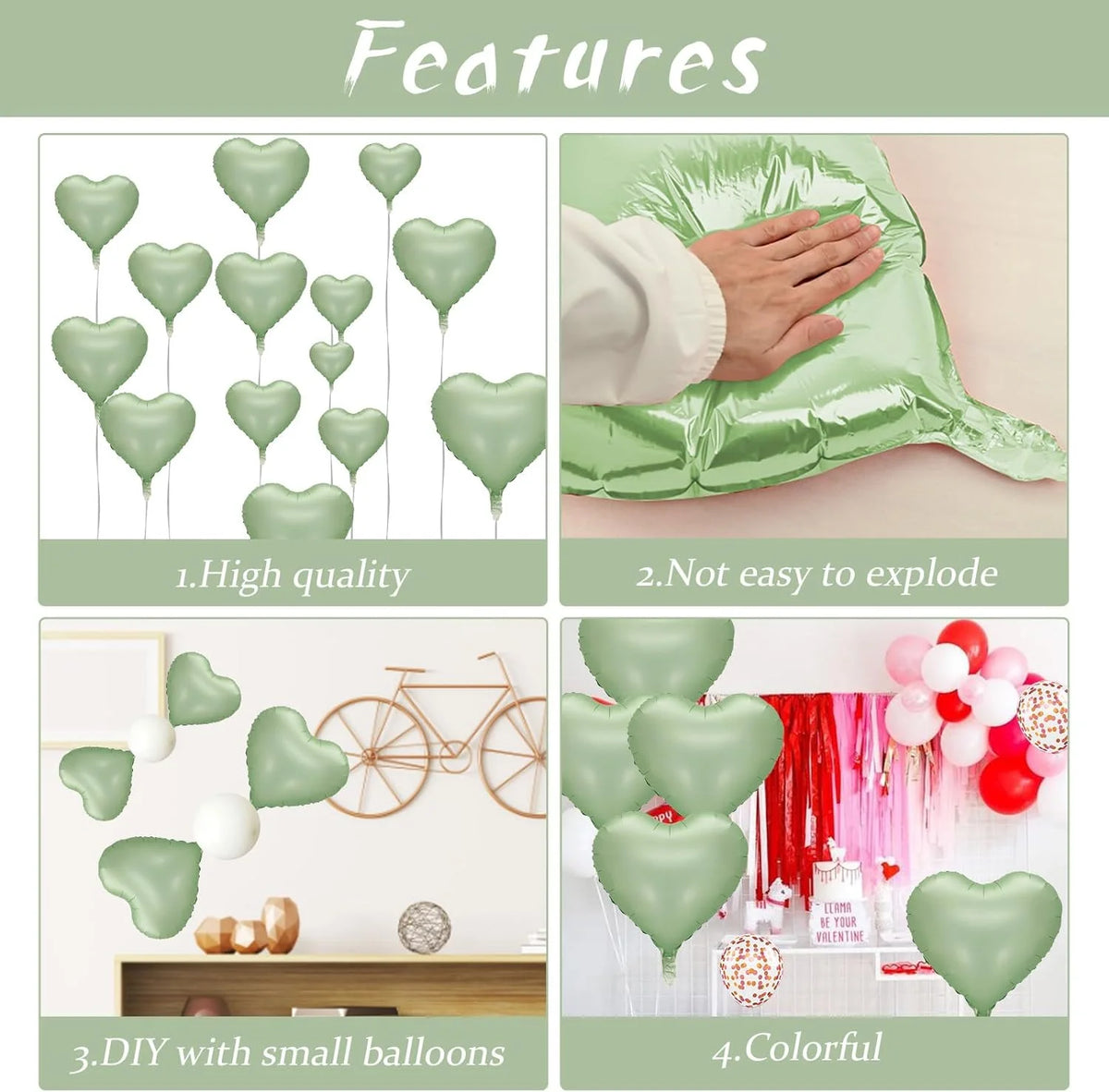 Heart Foil Balloons 18" (10 pcs) – Pink & Sage Green