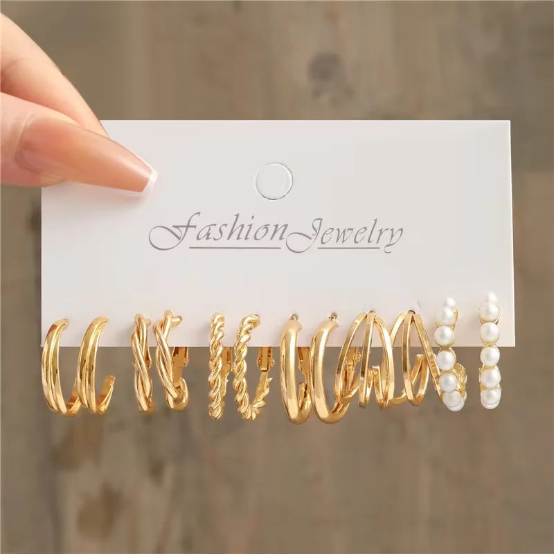 Geometric Hoop Earrings Set – Gold & Pearl Boho Style