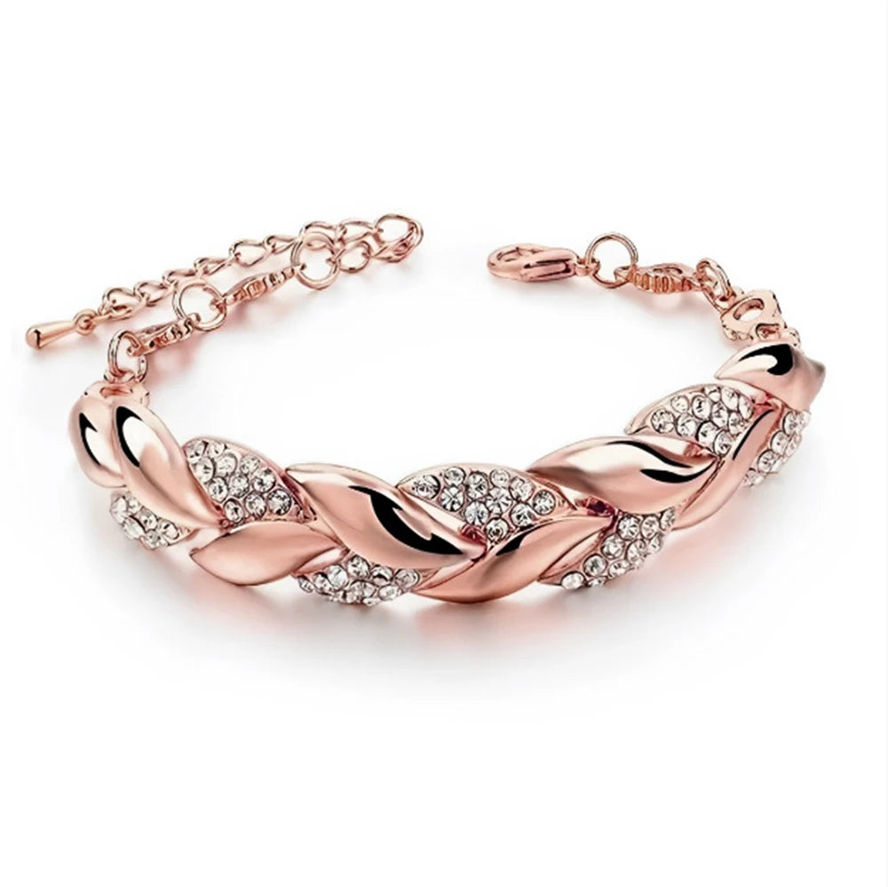 Crystal Braided Leaf Charm Bracelet for Women