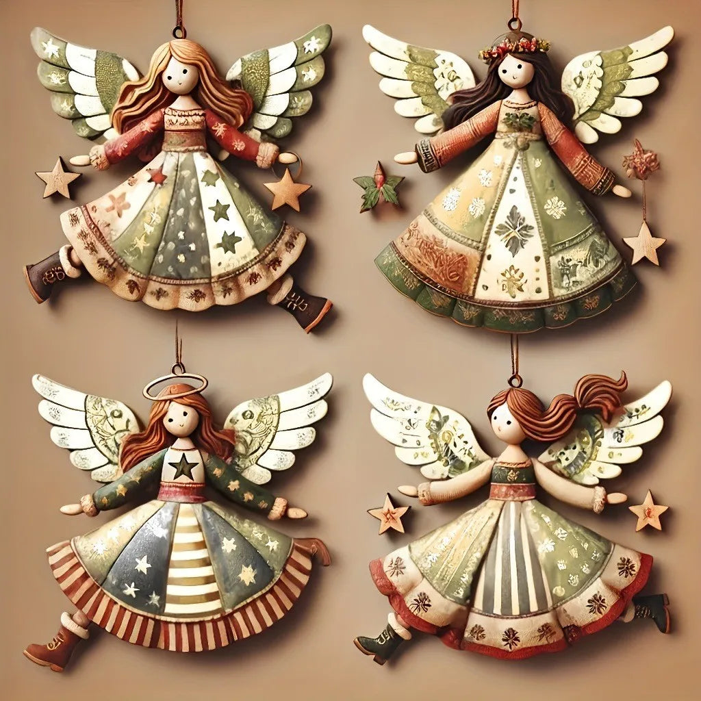 Vintage Wooden Angel Hanging Ornaments (4 pcs)