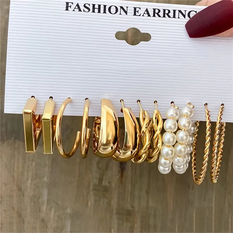 Geometric Hoop Earrings Set – Gold & Pearl Boho Style