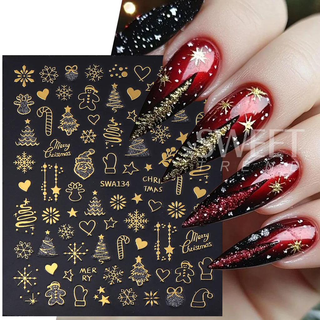 Christmas 3D Nail Art Stickers – Gold & Silver Glitter Decals