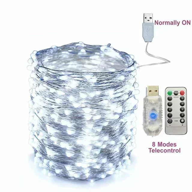 Copper Wire LED String Lights with Remote – 8 Modes, USB