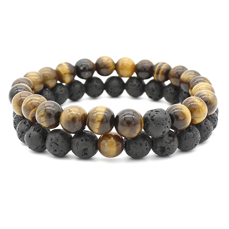 Couple Bracelets Set – Tiger Eye & Volcanic Stone Beads