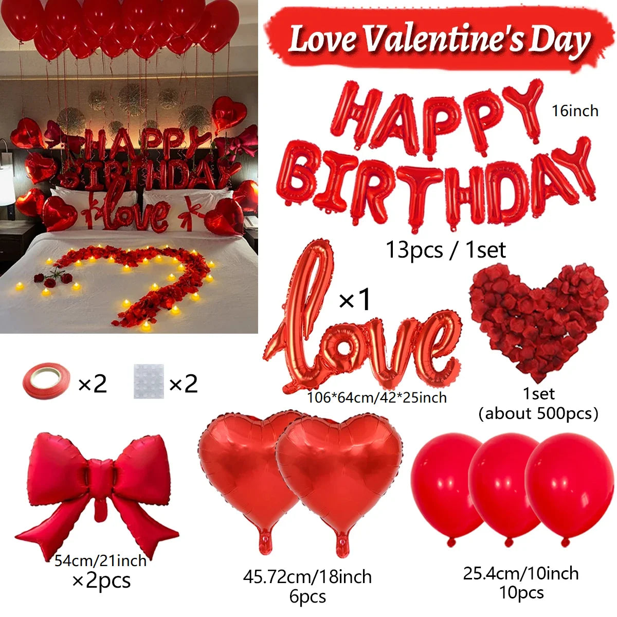 Red Heart Balloon Bouquet Set with Bow – Birthday & Valentine's Decor