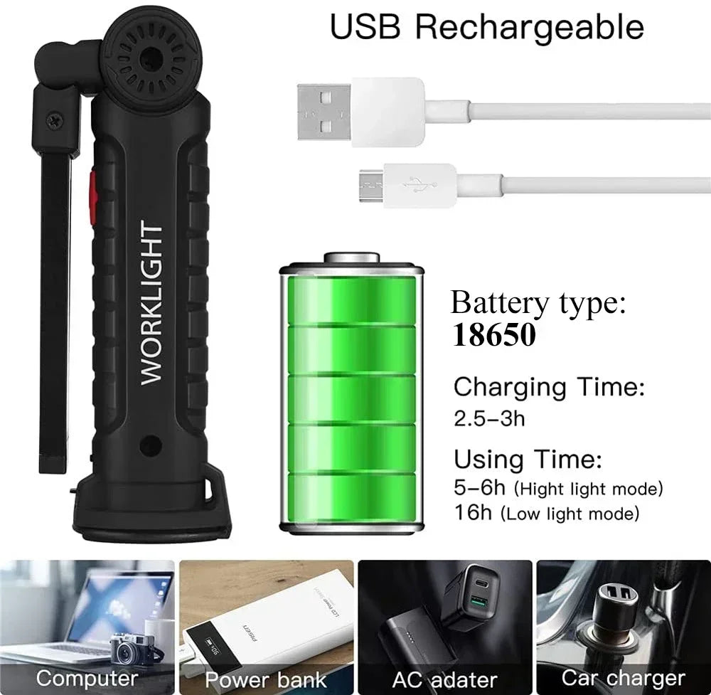 COB LED Work Light & Power Bank – Rechargeable Magnetic Flashlight