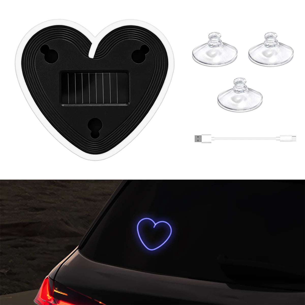 RGB Heart LED Car Ambient Light – Solar & USB Powered