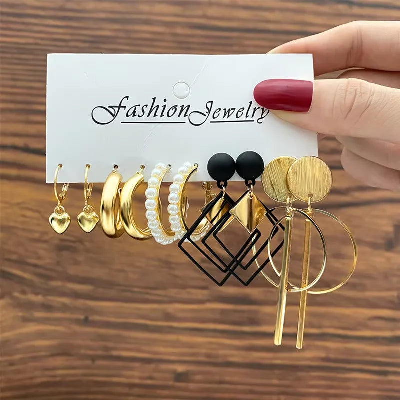 Geometric Hoop Earrings Set – Gold & Pearl Boho Style