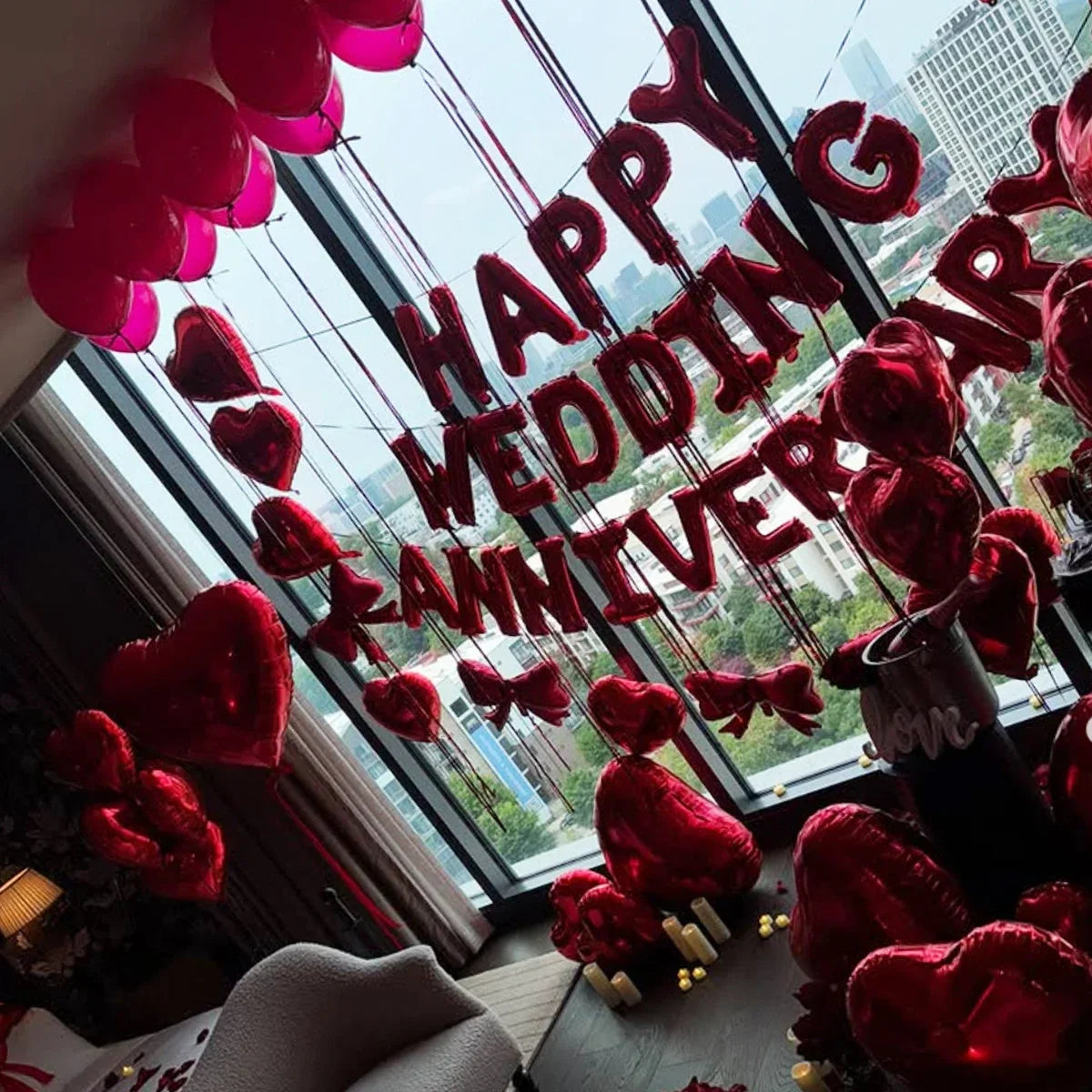 Red Heart Balloon Bouquet Set with Bow – Birthday & Valentine's Decor