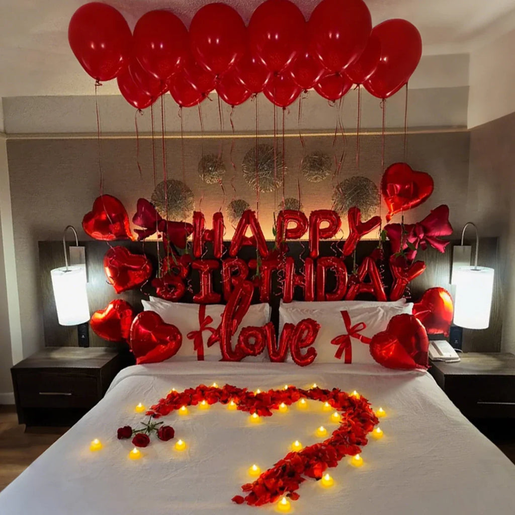 Red Heart Balloon Bouquet Set with Bow – Birthday & Valentine's Decor