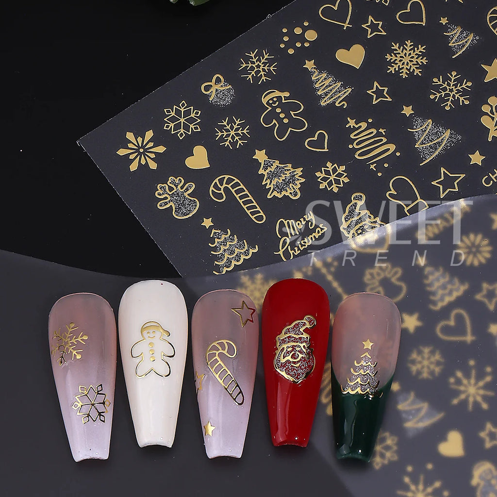 Christmas 3D Nail Art Stickers – Gold & Silver Glitter Decals