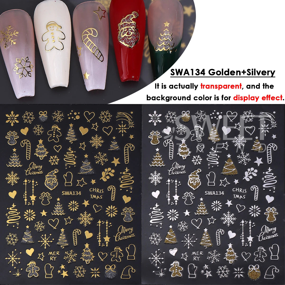 Christmas 3D Nail Art Stickers – Gold & Silver Glitter Decals