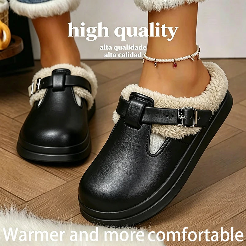 Furry EVA Mule Slippers for Women – Warm Waterproof Indoor Slides