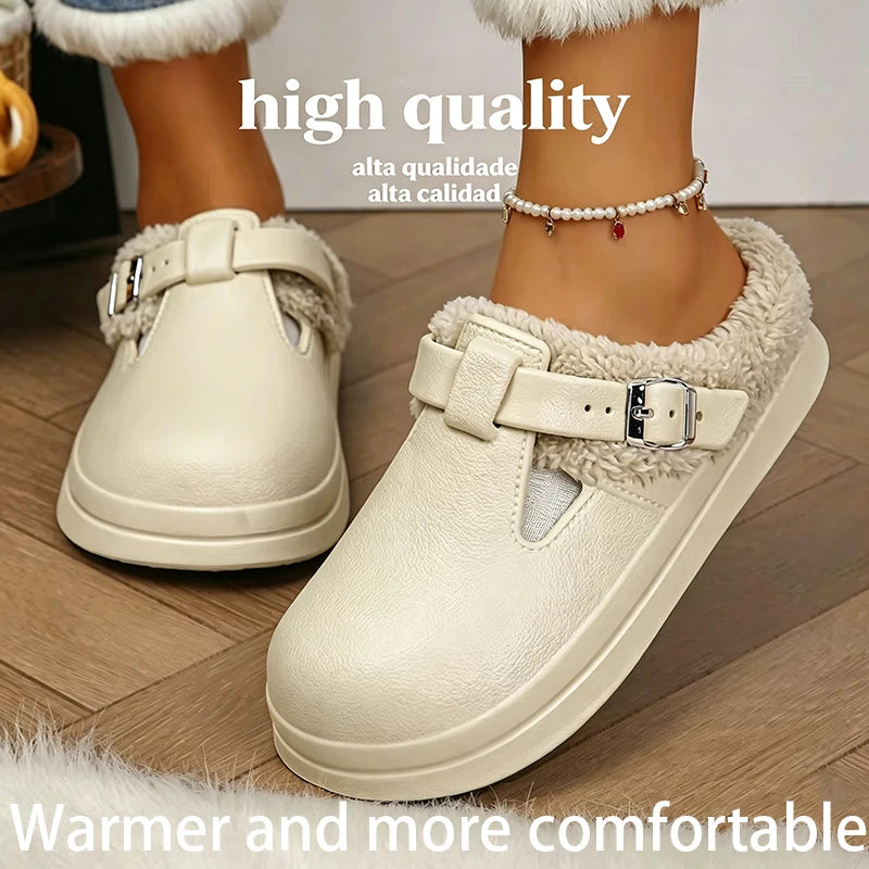Furry EVA Mule Slippers for Women – Warm Waterproof Indoor Slides