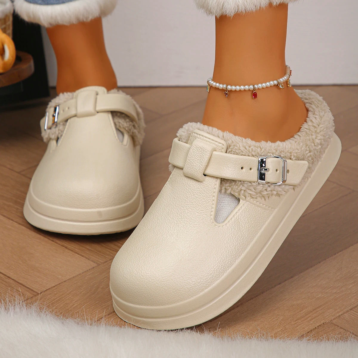 Furry EVA Mule Slippers for Women – Warm Waterproof Indoor Slides